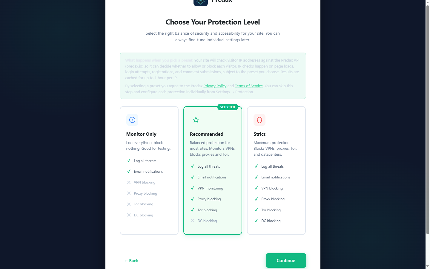 The three presets. Recommended monitors VPNs and blocks proxies and Tor.