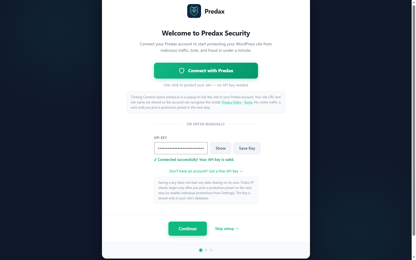 Connecting the plugin. The wizard verifies the key against the API before letting you continue — you should see “Connected successfully”.