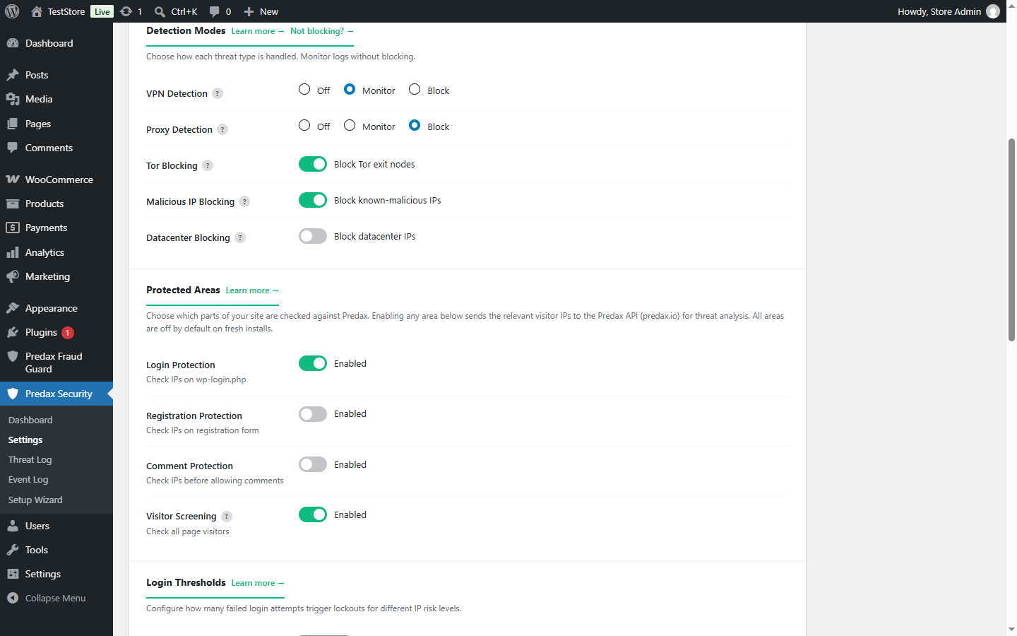 Detection modes. Each signal is Off, Monitor or Block independently — VPN traffic is monitored rather than blocked on the Recommended preset.