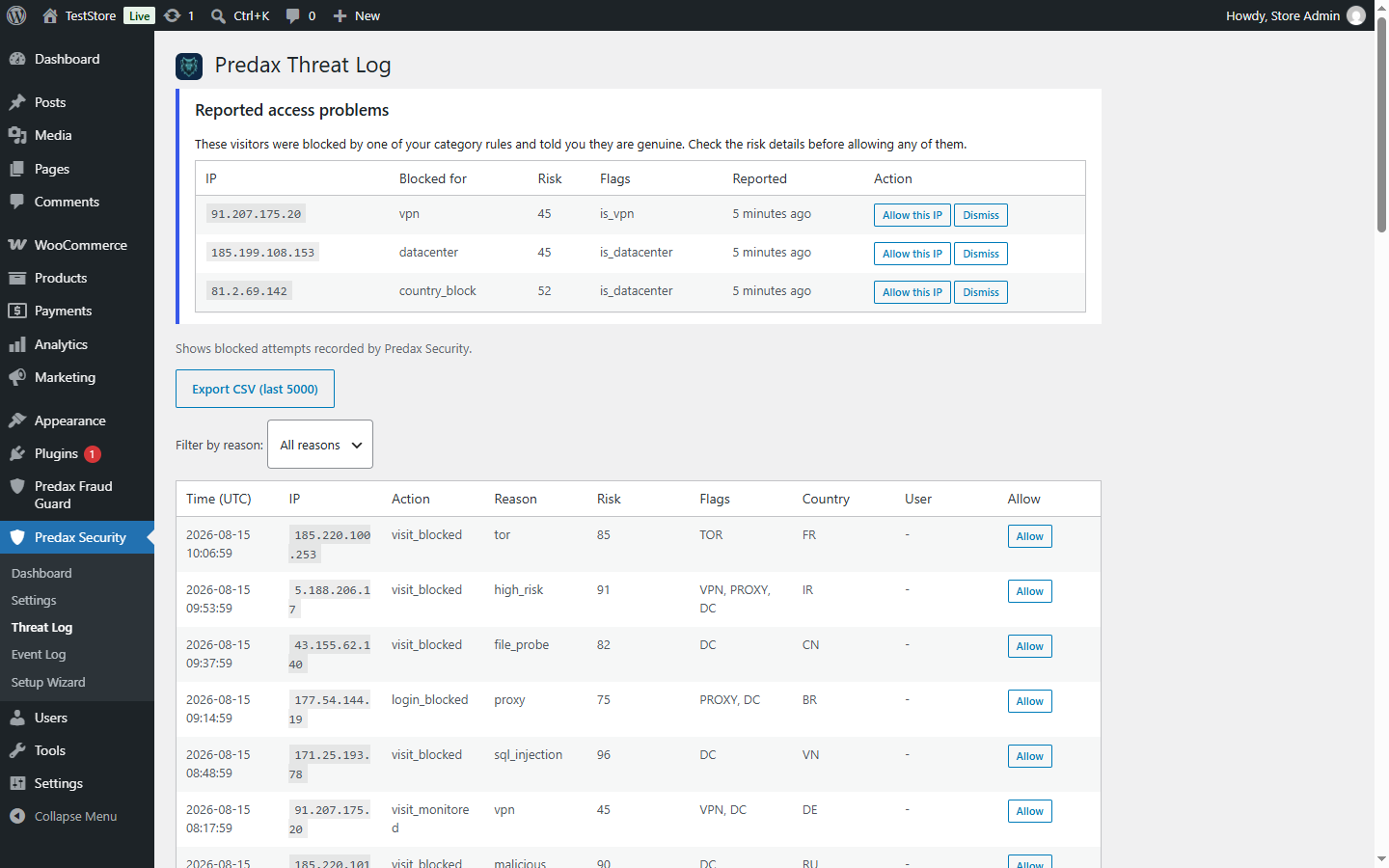 The Threat Log. Blocked visitors who say they are genuine appear at the top, where one click allow-lists them.