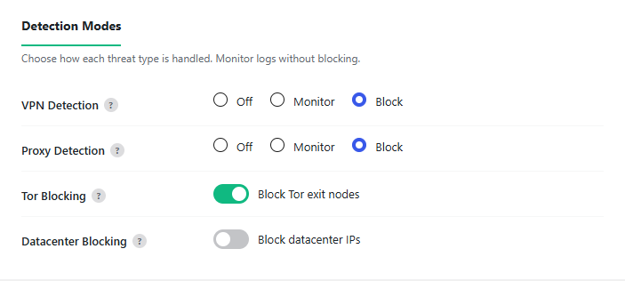 Detection Modes with VPN set to Block