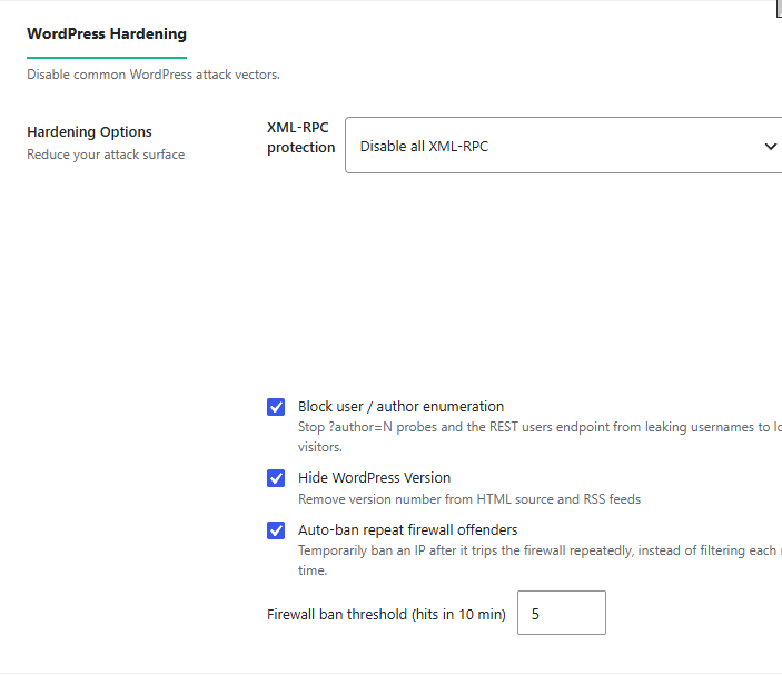 WordPress Hardening options