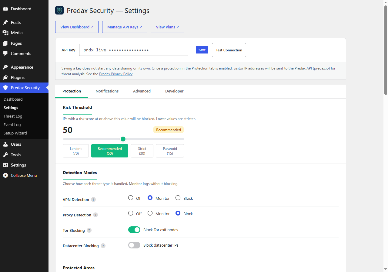 Predax Security settings page showing API key, risk threshold slider with presets, and per-signal VPN, proxy, Tor, and datacenter detection modes
