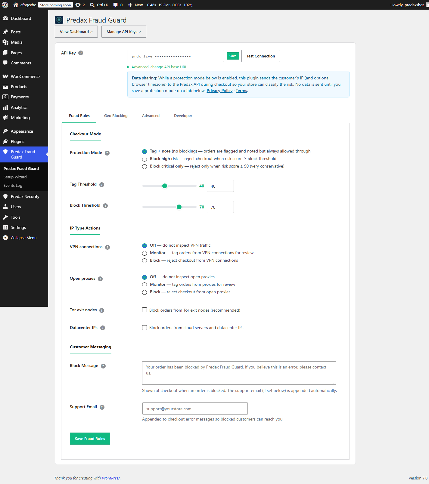 Predax Fraud Guard settings in WordPress admin showing protection mode, tag and block thresholds, and per-signal VPN, proxy, Tor, and datacenter checkout rules