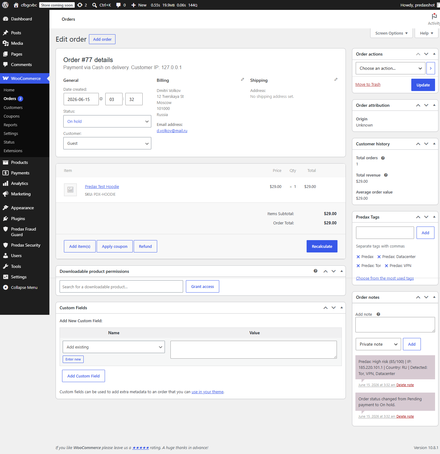 WooCommerce order detail page with a Predax order note showing risk score and threat flags, plus Predax risk tags on the order